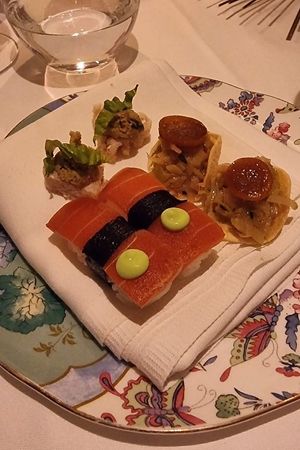 Canapés: crisp nori, ginger red no toro, leek and kumquat tartlet at Gauthier Soho in London