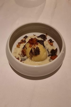 Black truffle tortellini & jerusalem artichoke crisps at Gauthier Soho in London