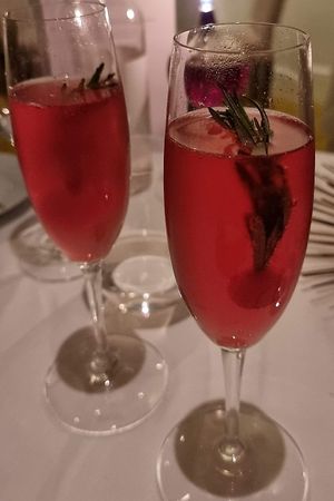 Welcome drinks: cherry liqueur and rosemary at Gauthier Soho in London