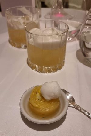 Pineapple canello with fresh mango, coriander & lime sorbet at Gauthier Soho in London