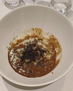 Risotto with trumpet mushrooms, vegan parmigiana and truffles.  at Gauthier Soho in London