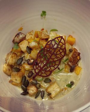 Amuse bouche, first starter. Pumpkin and smoked tofu with roasted pumpkin seeds and a creamy pepper sauce! at Gauthier Soho in London
