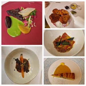 Beetroot, brioche toast, ravioli, tart, carrot truffle at Gauthier Soho in London