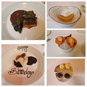 Squash dish, quince and cream, orange sorbet, nutty choc meringue dessert, petit fours cakes at Gauthier Soho in London