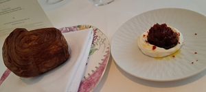 Brioche / beetroot & rhubarb, walnut pickle, soft whip at Gauthier Soho in London