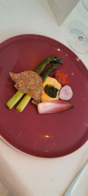 Thick green asparagus/radish/chicory/rye crisp at Gauthier Soho in London