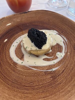 Vegan caviar and pancake in buttery saucee  at Gauthier Soho in London