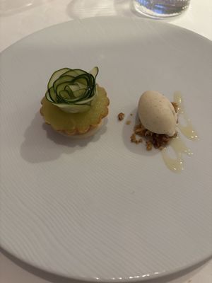 Courgette tart and vanilla ice creamm  at Gauthier Soho in London