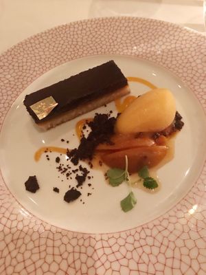 Variations of apricot with chocolate tarts at Gauthier Soho in London