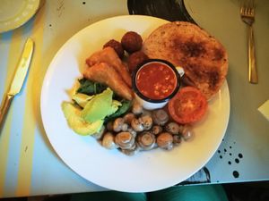 Vegan bread breakfast, with falafels in place of sausages as they had run out. Very tasty!  at Corvo Lounge in Bridgend