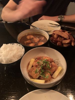 Katsu curry, sweet and sour tofu, jasmine rice, chips  at House of the Rising Sun in Shrewsbury