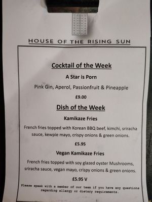 Menu at House of the Rising Sun in Shrewsbury