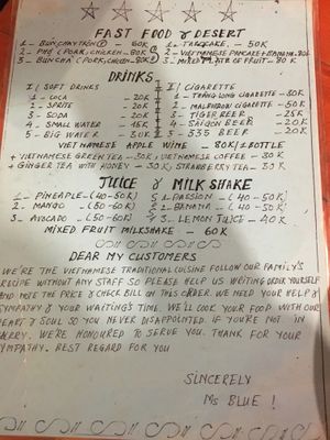 menu october 2019 at Vietnamese Soul Food in Cat Ba