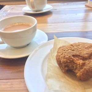 Chai latte with almond milk & vegan pumpkin muffin  at Nutmeg Cafe in Tuckahoe
