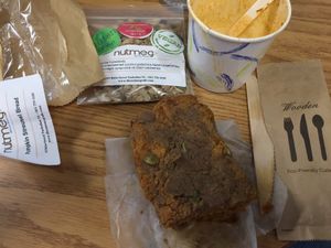Lentil soup cup, vegan pumpkin streusel bread, vegan granola, comes w wooden utensils to reduce plastic waste at Nutmeg Cafe in Tuckahoe