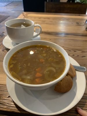 Lentil soup comes with vegan corn muffins at Nutmeg Cafe in Tuckahoe