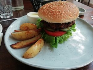 Vegetarian burger at The Settlement Center Restaurant in Borgarnes