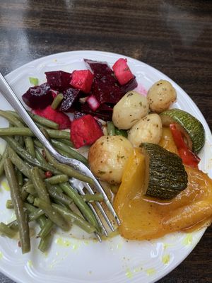 Beet and apple, salt potatoes, string beans, grilled pepper/zucchini, all from the buffet  at The Settlement Center Restaurant in Borgarnes