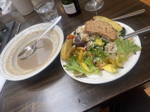 Mushroom soup, vegan, with vegan items from the buffet at The Settlement Center Restaurant in Borgarnes