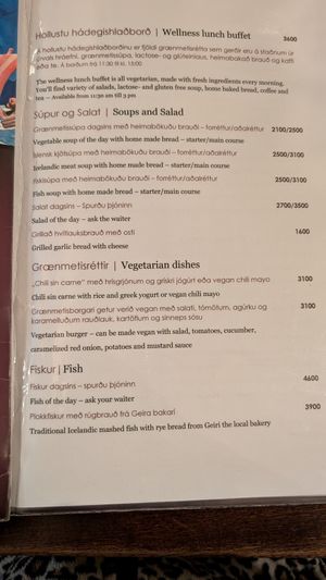 Vegan/vegetarian menu at The Settlement Center Restaurant in Borgarnes