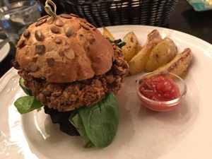 Vegan burger at The Settlement Center Restaurant in Borgarnes