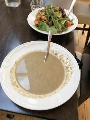 Cream of mushroom soup (vegan) at The Settlement Center Restaurant in Borgarnes