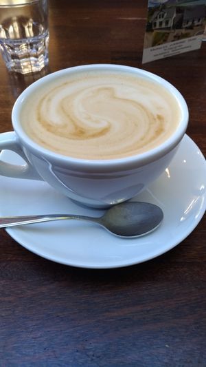 Oat milk latte with lunch buffet. at The Settlement Center Restaurant in Borgarnes