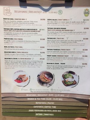 Menu breakfast  at Al Grano in Santiago