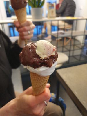 Vegan cone with brownie, coconut and free taster of avocado/lime at Luicella's - Lange Reihe in Hamburg