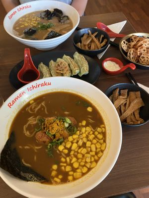 Miso ramen, curry king ramen, veg gyoza, lotus chips, sides of inari  tofu  at Ramen Ichiraku in Perth