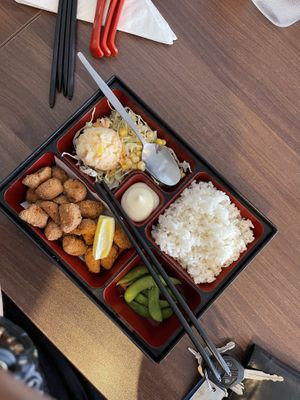 Vegan karage chicken bento set. at Ramen Ichiraku in Perth