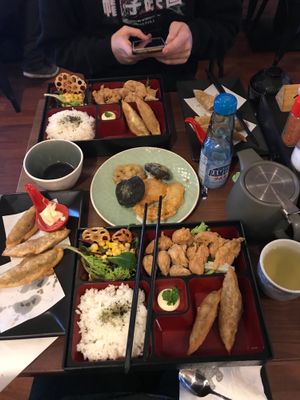 All from the Vegan menu. Faux chicken karaage bento box, deep fried gyoza, tempura vegetables, Ramune and a pot of green tea!  at Ramen Ichiraku in Perth