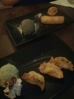 Apple spring rolls and chocolate dumplings with matcha ice cream at Ramen Ichiraku in Perth