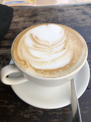 Almond milk cappuccino  at am/pm organic cafe in Pokhara