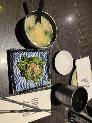 Miso soup and gomaae  at Harajuku Izakaya Restaurant in Whistler