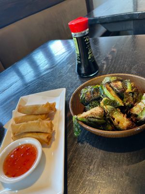 Spring rolls; Brussels sprouts at Harajuku Izakaya Restaurant in Whistler