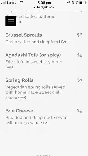 Vegan options (ve) menu pg 2 at Harajuku Izakaya Restaurant in Whistler
