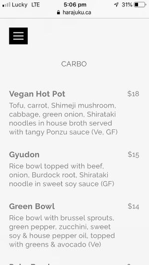 Menu vegan options 3 at Harajuku Izakaya Restaurant in Whistler