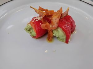 Tasting menu starter #1, red bell pepper with cashew cream at Gaudi&Naan in Ljubljana