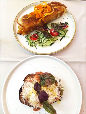 Lentil crêpe and eggplant with vegan cheese and vegan bolognese.  at Gaudi&Naan in Ljubljana