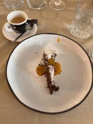 Chocolate brownie cake and Espresso  at Gaudi&Naan in Ljubljana