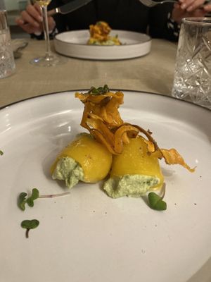 1st course: vegan ricotta with herbs in a paprika roll, crunchy sweet potato  at Gaudi&Naan in Ljubljana