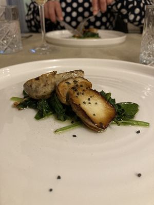 Fresh funghi porcini with sautéed spinach.  at Gaudi&Naan in Ljubljana
