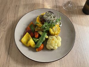 Juicy Marbles pepper steak with puree and grilled vegetables  at Gaudi&Naan in Ljubljana