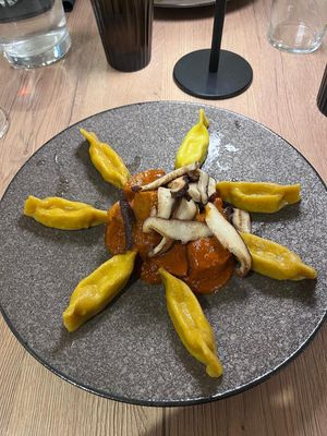 Potato dumplings, seitan chunks in tomato sauce and mushrooms (the final course was a fruity, coconutty cake that I forgot to take a pic of!) at Gaudi&Naan in Ljubljana