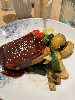 Vegan ribs with roasted vegetables (Traditional Slovenian set menu)  at Gaudi&Naan in Ljubljana