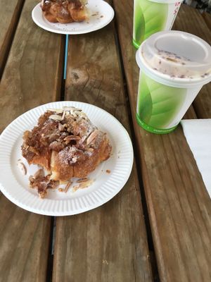 Breakfast - almond croissant and coffee. Note - they only do takeaway cups  at Tart Bakery - St Kevins Arcade in Auckland