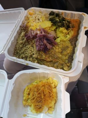 Everything plate, Mac and Cheese at Oasis Vegan Veggie Parlor in Dorchester