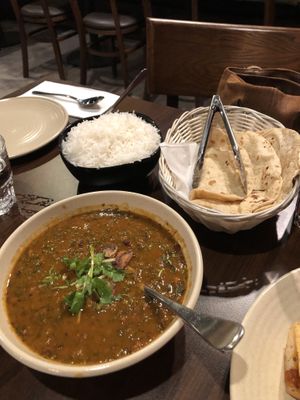 Bean curry, steamed rice and roti at Daana in Canberra