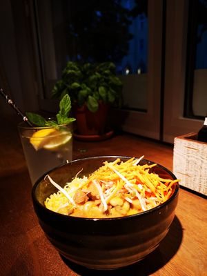 Vegan curry with soya chunks with coconut rice + house made lemonade. Together around 10 euros, student discount available (available in different outlets on different weekdays).   at my indigo - Museumstraße in Innsbruck